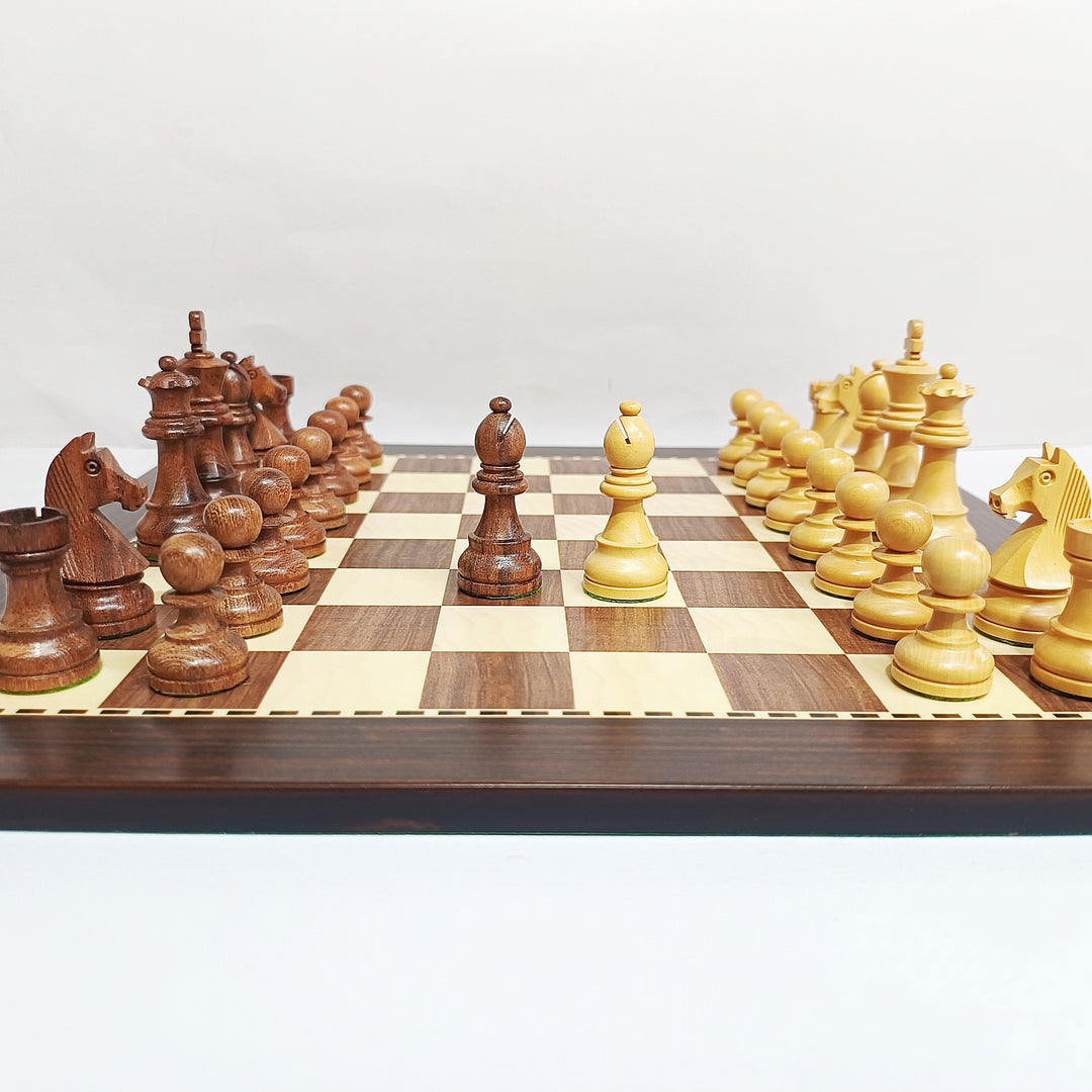 Classic Staunton wooden chess pieces on a brown and beige MDF chess board, ready for tournament play.
