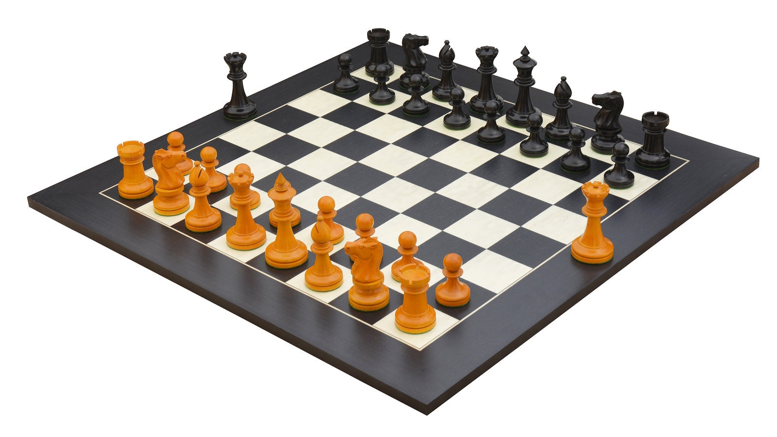 Repro 1904 Cambridge International Congress Pieces in Ebonized / Antiqued Boxwood – 4” King With Black Maple Board My Chess Sets