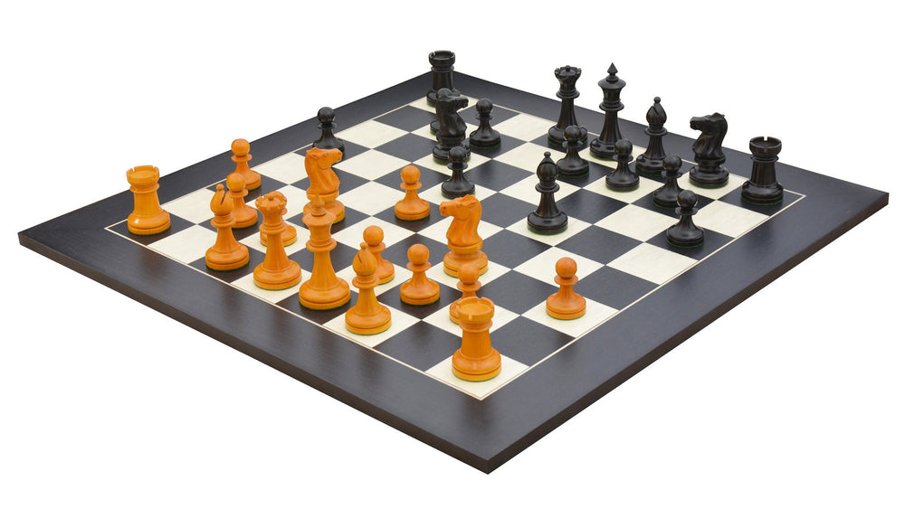 Repro 1904 Cambridge International Congress Pieces in Ebonized / Antiqued Boxwood – 4” King With Black Maple Board My Chess Sets
