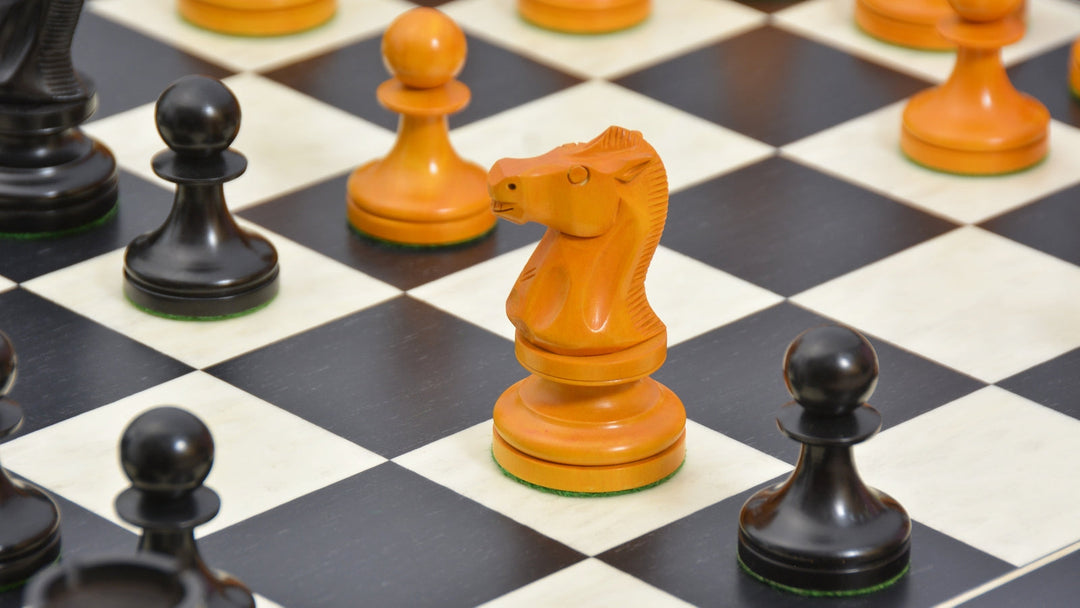 Repro 1904 Cambridge International Congress Pieces in Ebonized / Antiqued Boxwood – 4” King With Black Maple Board My Chess Sets