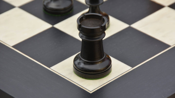 Repro 1904 Cambridge International Congress Pieces in Ebonized / Antiqued Boxwood – 4” King With Black Maple Board My Chess Sets