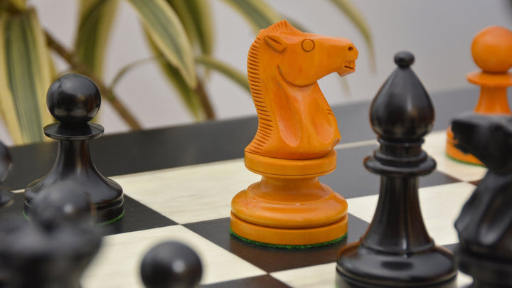 Repro 1904 Cambridge International Congress Pieces in Ebonized / Antiqued Boxwood – 4” King With Black Maple Board My Chess Sets