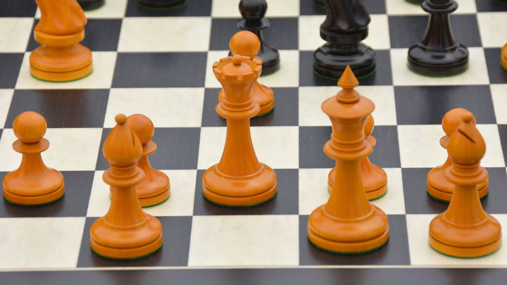 Repro 1904 Cambridge International Congress Pieces in Ebonized / Antiqued Boxwood – 4” King With Black Maple Board My Chess Sets
