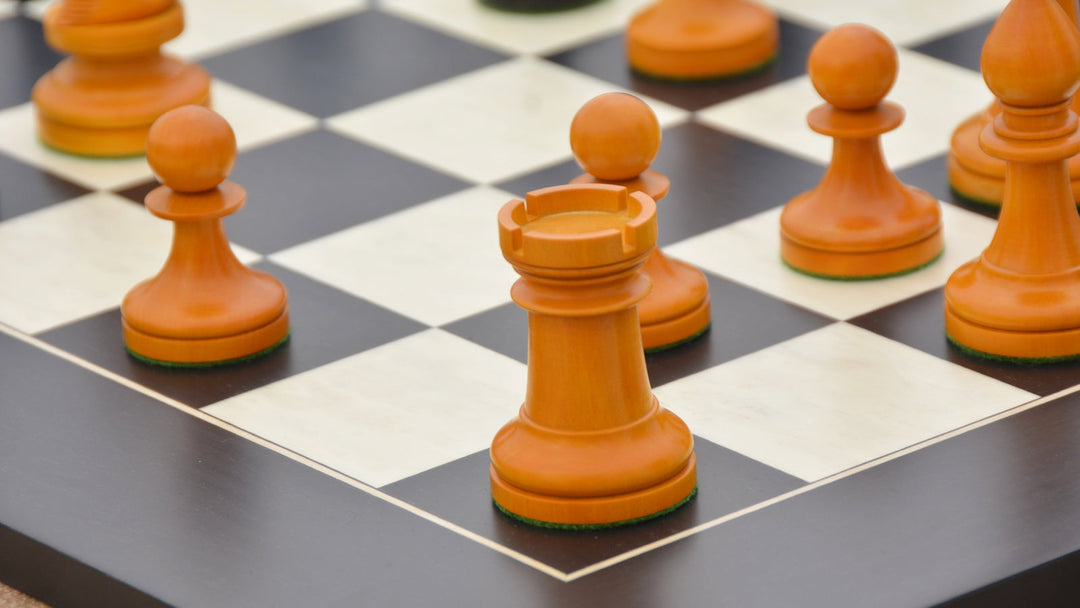 Repro 1904 Cambridge International Congress Pieces in Ebonized / Antiqued Boxwood – 4” King With Black Maple Board My Chess Sets