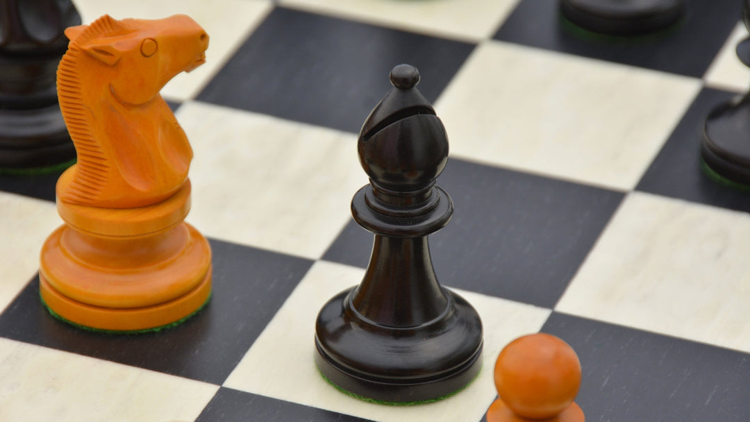 Repro 1904 Cambridge International Congress Pieces in Ebonized / Antiqued Boxwood – 4” King With Black Maple Board My Chess Sets