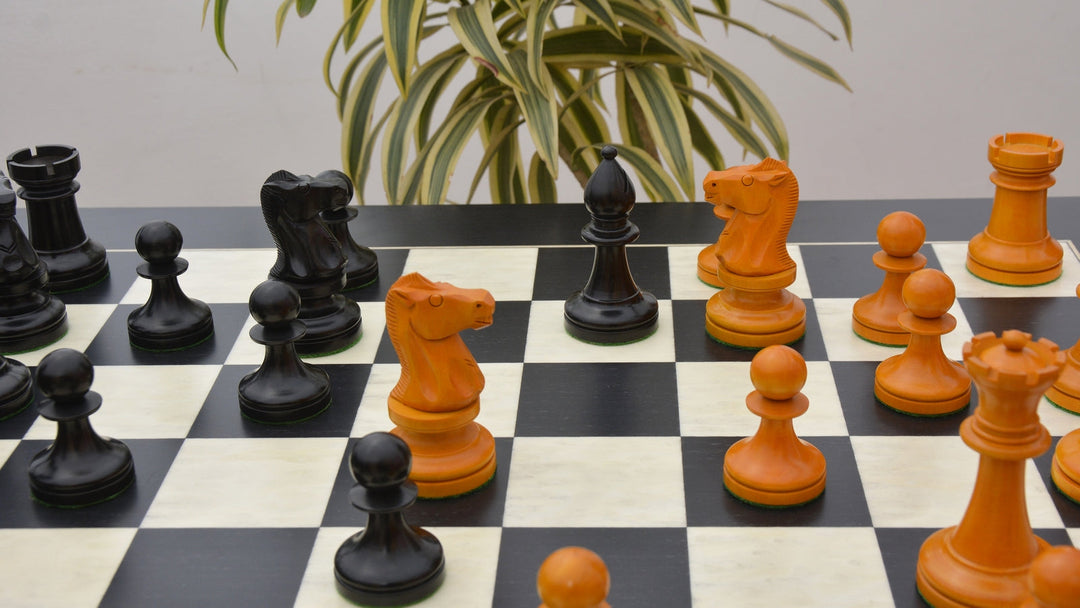 Repro 1904 Cambridge International Congress Pieces in Ebonized / Antiqued Boxwood – 4” King With Black Maple Board My Chess Sets