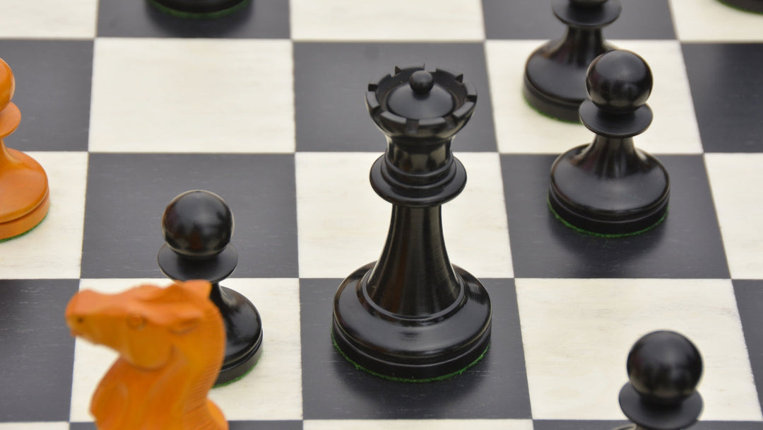 Repro 1904 Cambridge International Congress Pieces in Ebonized / Antiqued Boxwood – 4” King With Black Maple Board My Chess Sets