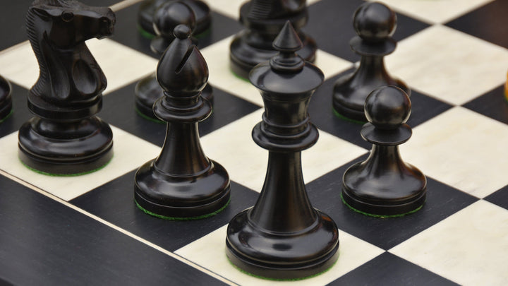 Repro 1904 Cambridge International Congress Pieces in Ebonized / Antiqued Boxwood – 4” King With Black Maple Board My Chess Sets