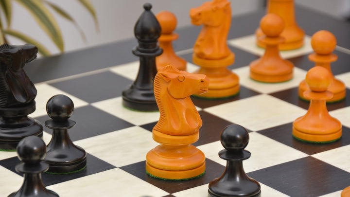 Repro 1904 Cambridge International Congress Pieces in Ebonized / Antiqued Boxwood – 4” King With Black Maple Board My Chess Sets
