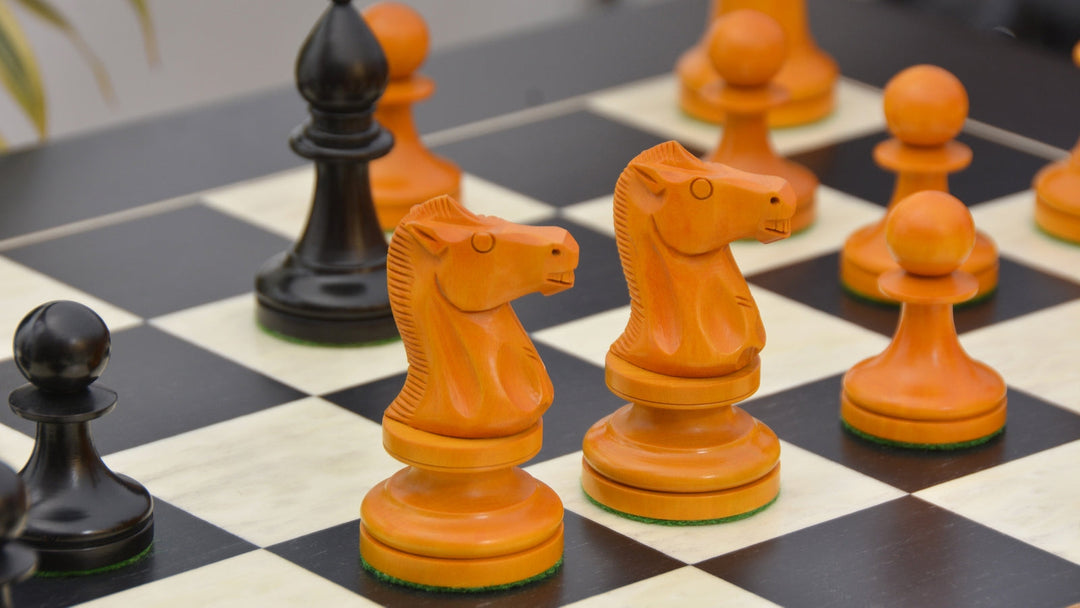 Repro 1904 Cambridge International Congress Pieces in Ebonized / Antiqued Boxwood – 4” King With Black Maple Board My Chess Sets
