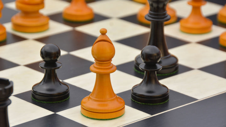 Repro 1904 Cambridge International Congress Pieces in Ebonized / Antiqued Boxwood – 4” King With Black Maple Board My Chess Sets