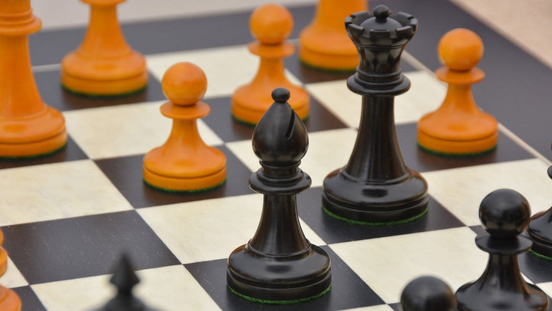 Repro 1904 Cambridge International Congress Pieces in Ebonized / Antiqued Boxwood – 4” King With Black Maple Board My Chess Sets