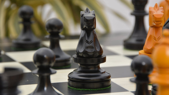 Repro 1904 Cambridge International Congress Pieces in Ebonized / Antiqued Boxwood – 4” King With Black Maple Board My Chess Sets