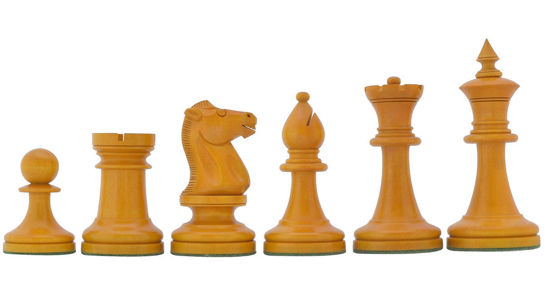 Repro 1904 Cambridge International Congress Pieces in Ebonized / Antiqued Boxwood – 4” King With Black Maple Board My Chess Sets