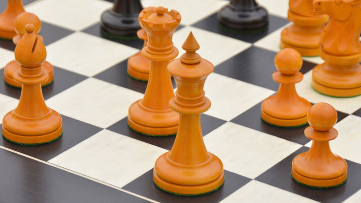 Repro 1904 Cambridge International Congress Pieces in Ebonized / Antiqued Boxwood – 4” King With Black Maple Board My Chess Sets