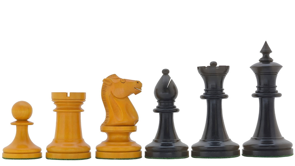 Repro 1904 Cambridge International Congress Pieces in Ebonized / Antiqued Boxwood – 4” King With Black Maple Board My Chess Sets