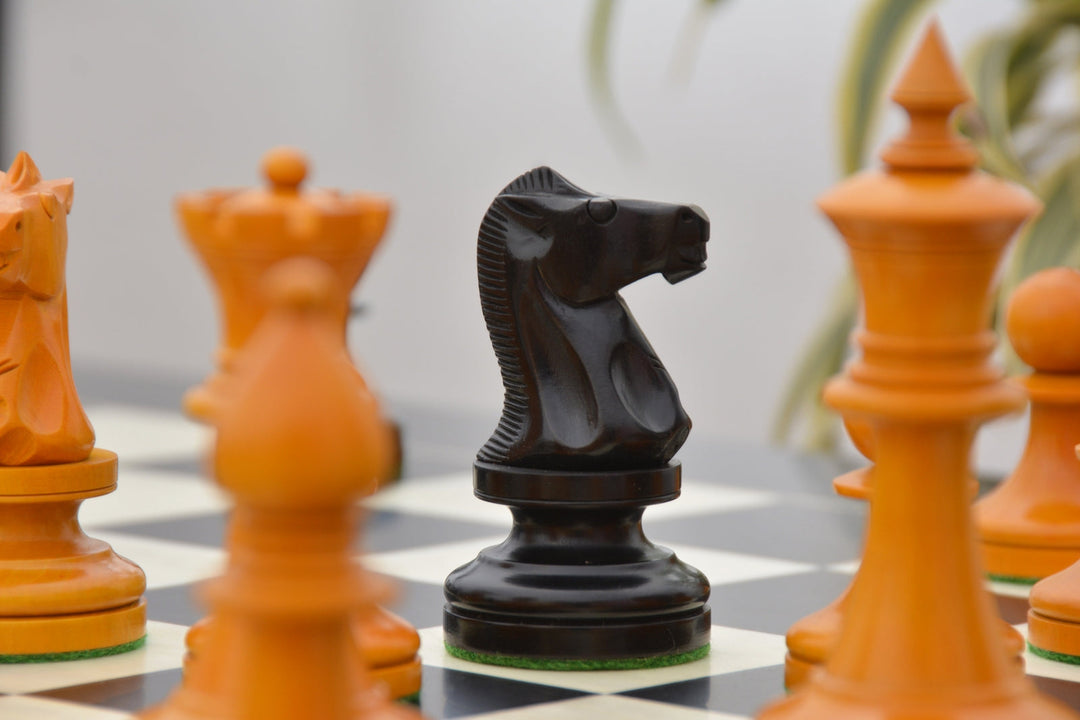Repro 1904 Cambridge International Congress Pieces in Ebonized / Antiqued Boxwood – 4” King With Black Maple Board My Chess Sets