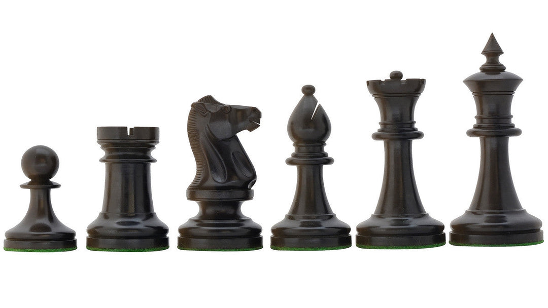 Repro 1904 Cambridge International Congress Pieces in Ebonized / Antiqued Boxwood – 4” King With Black Maple Board My Chess Sets