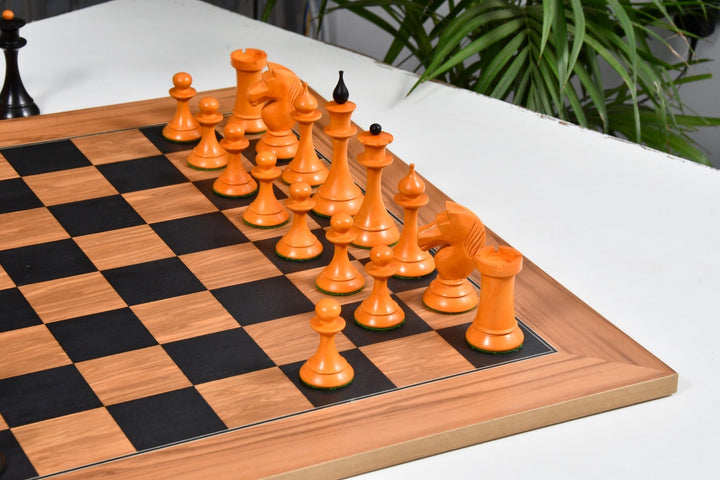1950s Soviet Russian Latvian Reproduced Chess Pieces in Ebonized Boxwood / Antiqued Boxwood – 4.1” King With Chess Board My Chess Sets