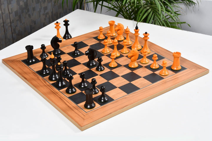 1950s Soviet Russian Latvian Reproduced Chess Pieces in Ebonized Boxwood / Antiqued Boxwood – 4.1” King With Chess Board My Chess Sets