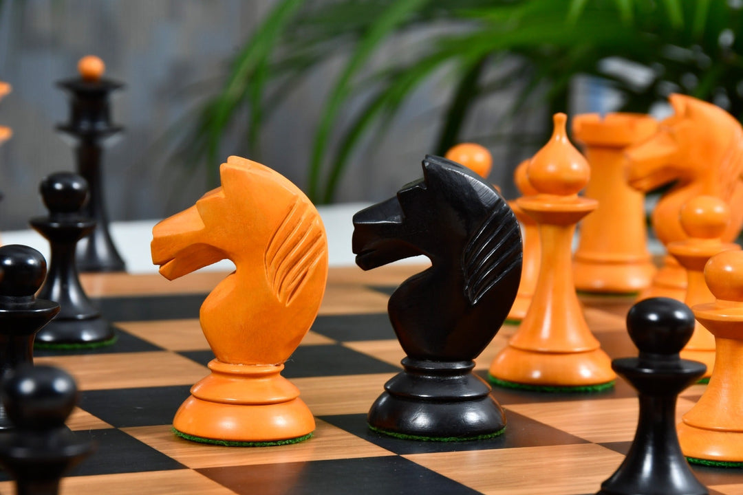 1950s Soviet Russian Latvian Reproduced Chess Pieces in Ebonized Boxwood / Antiqued Boxwood – 4.1” King With Chess Board My Chess Sets