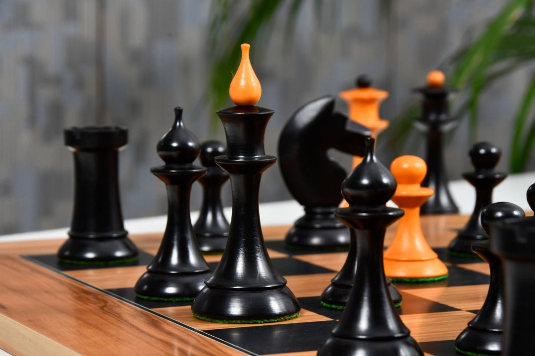 1950s Soviet Russian Latvian Reproduced Chess Pieces in Ebonized Boxwood / Antiqued Boxwood – 4.1” King With Chess Board My Chess Sets