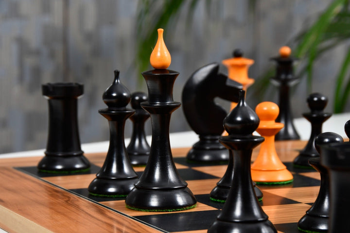 1950s Soviet Russian Latvian Reproduced Chess Pieces in Ebonized Boxwood / Antiqued Boxwood – 4.1” King With Chess Board My Chess Sets