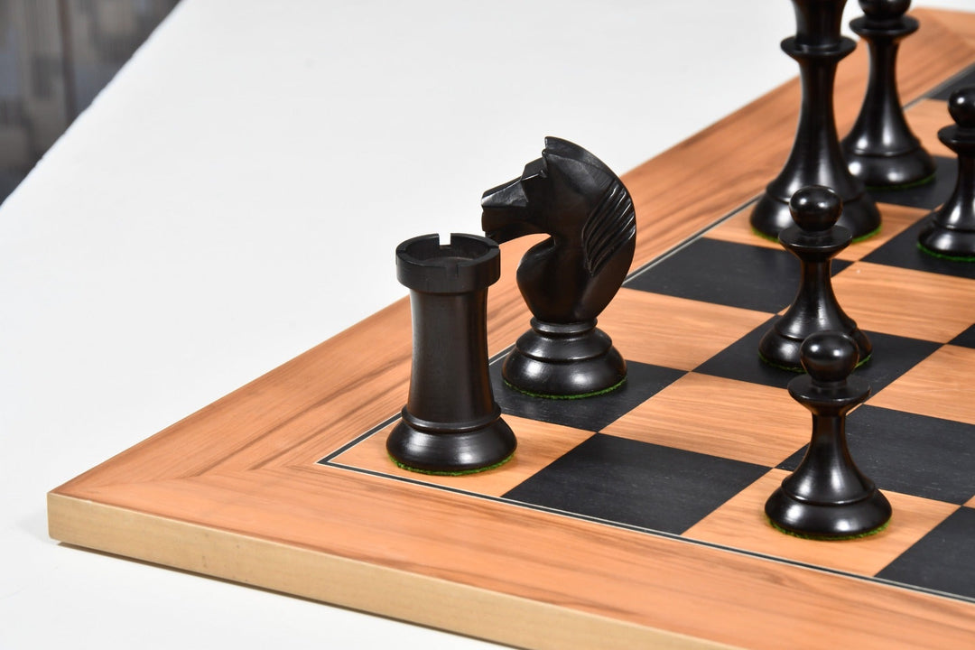 1950s Soviet Russian Latvian Reproduced Chess Pieces in Ebonized Boxwood / Antiqued Boxwood – 4.1” King With Chess Board My Chess Sets