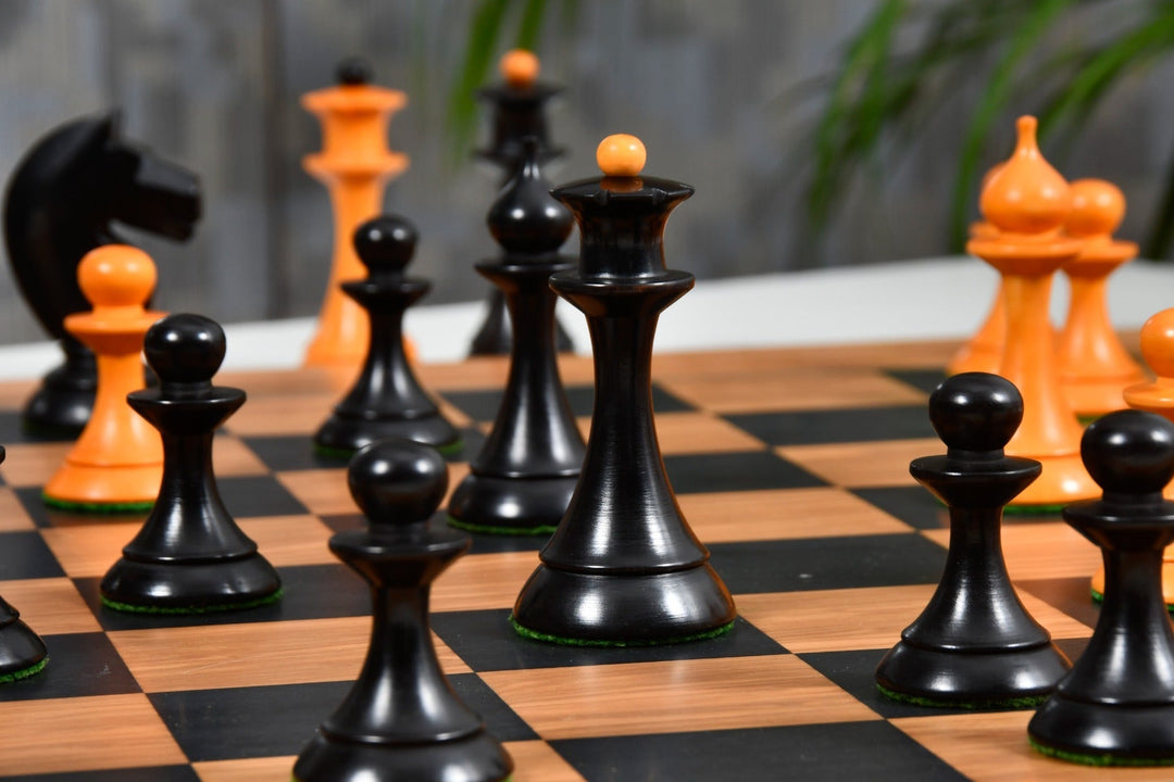 1950s Soviet Russian Latvian Reproduced Chess Pieces in Ebonized Boxwood / Antiqued Boxwood – 4.1” King With Chess Board My Chess Sets