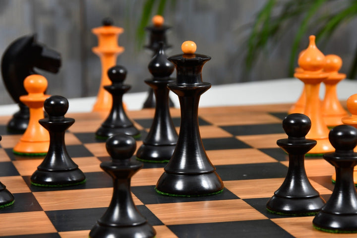 1950s Soviet Russian Latvian Reproduced Chess Pieces in Ebonized Boxwood / Antiqued Boxwood – 4.1” King With Chess Board My Chess Sets