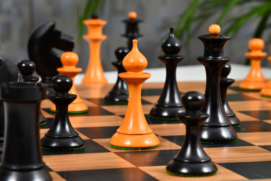 1950s Soviet Russian Latvian Reproduced Chess Pieces in Ebonized Boxwood / Antiqued Boxwood – 4.1” King With Chess Board My Chess Sets