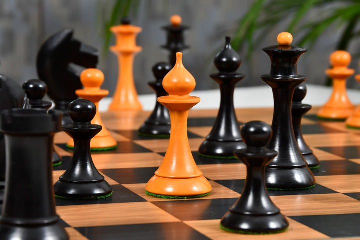1950s Soviet Russian Latvian Reproduced Chess Pieces in Ebonized Boxwood / Antiqued Boxwood – 4.1” King With Chess Board My Chess Sets