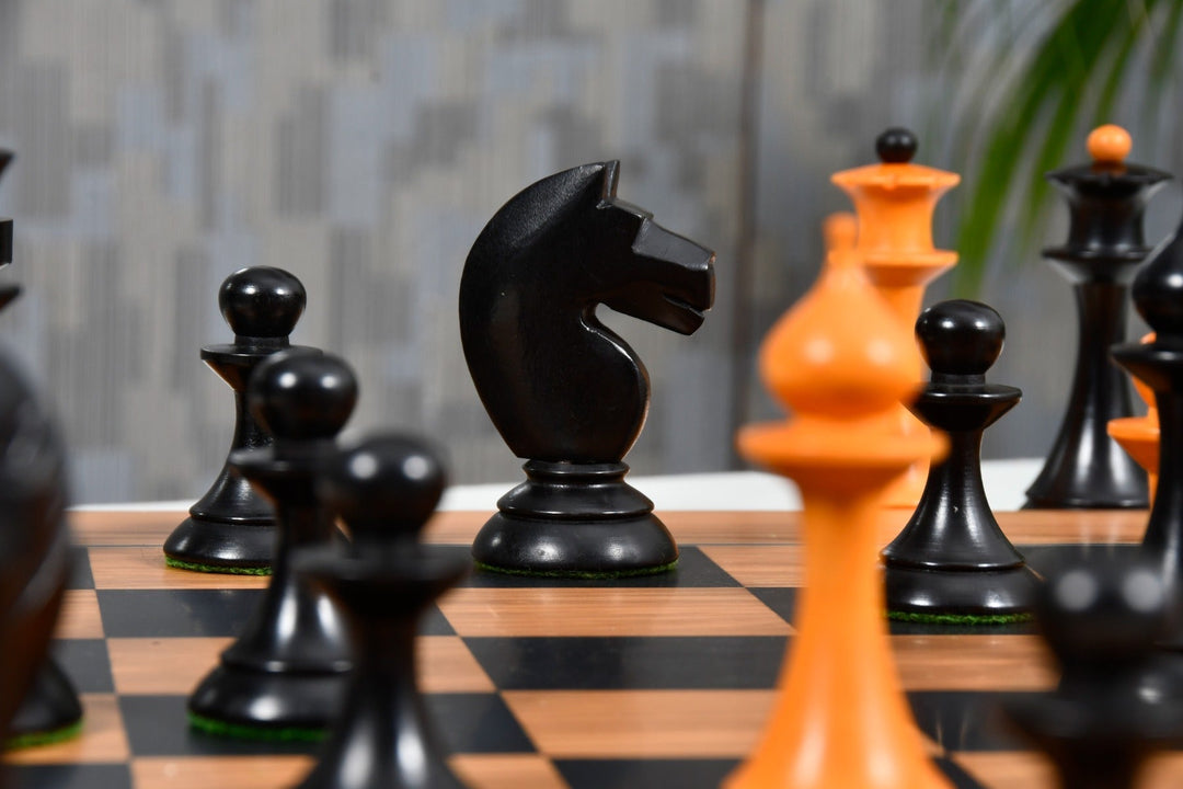 1950s Soviet Russian Latvian Reproduced Chess Pieces in Ebonized Boxwood / Antiqued Boxwood – 4.1” King With Chess Board My Chess Sets