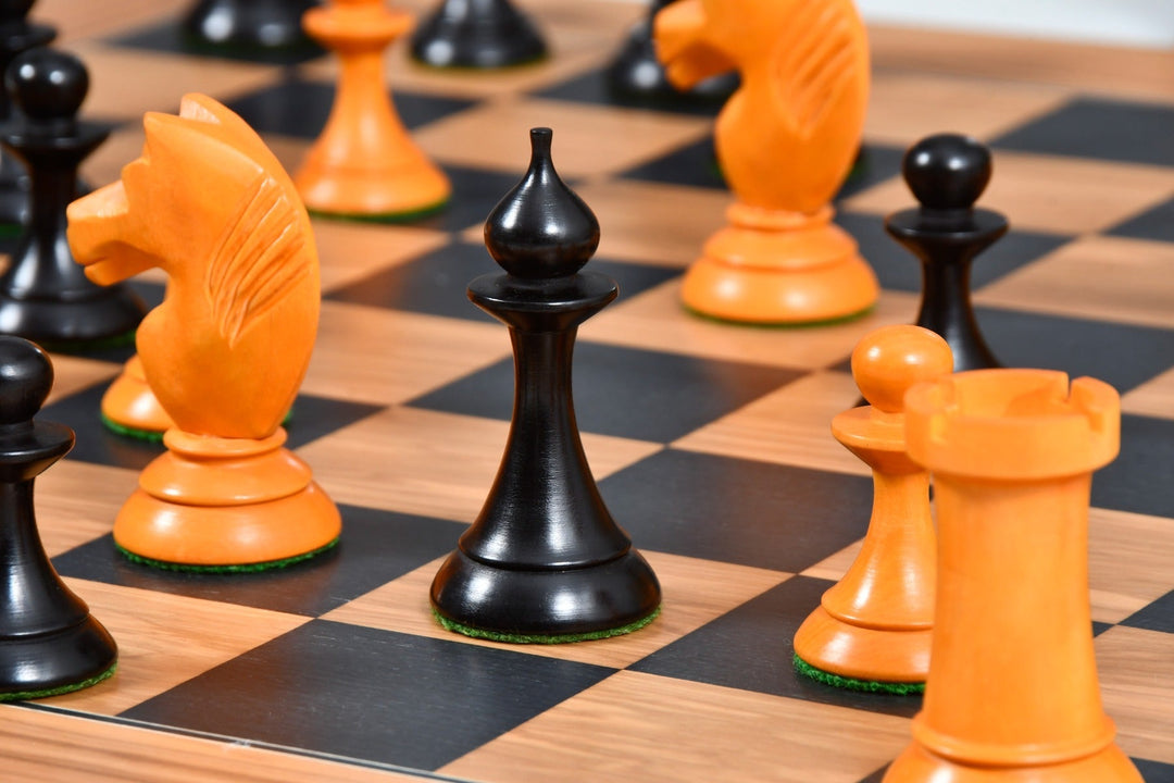 1950s Soviet Russian Latvian Reproduced Chess Pieces in Ebonized Boxwood / Antiqued Boxwood – 4.1” King With Chess Board My Chess Sets
