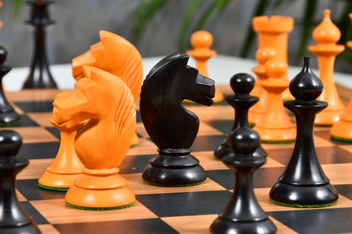 1950s Soviet Russian Latvian Reproduced Chess Pieces in Ebonized Boxwood / Antiqued Boxwood – 4.1” King With Chess Board My Chess Sets